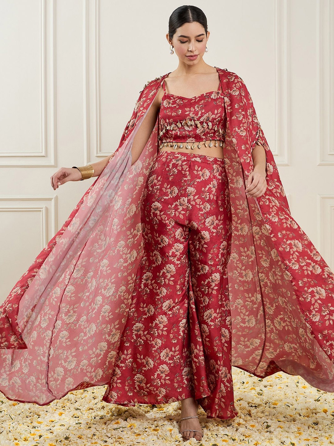 

ADORNIA Printed Shrug Top & Trouser Co-Ords, Red