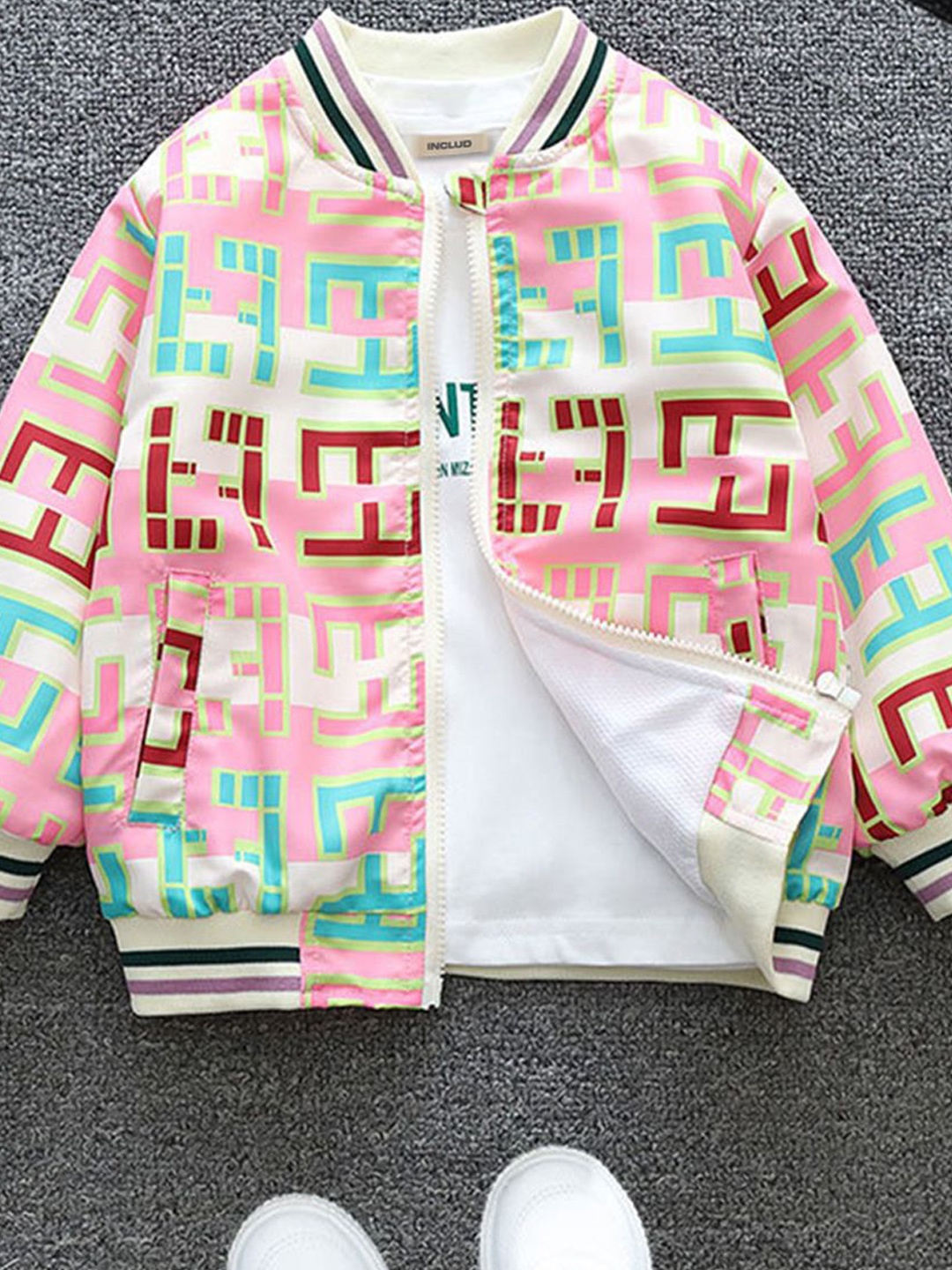 

INCLUD Girls Open Front Printed Jacket, Pink