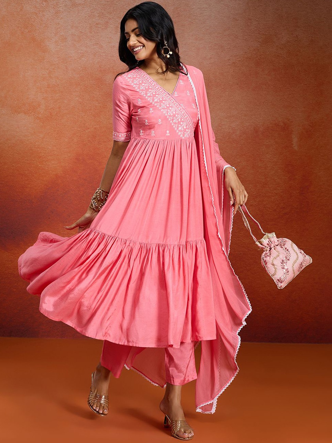 

Likha Ethnic Motifs Embroidered Empire Anarkali Kurta with Trousers & Dupatta, Pink