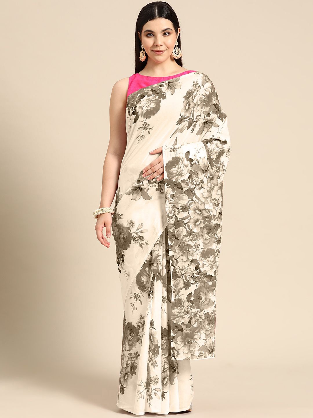 

BUTA BUTI Floral Printed Pure Cotton Saree, Coffee brown