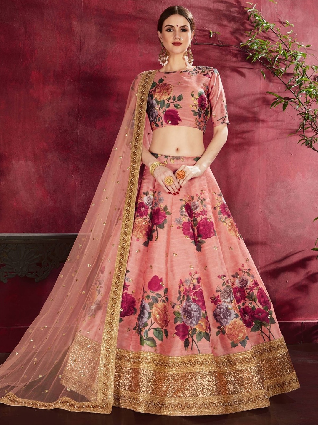 

ODETTE Printed Sequinned Semi-Stitched Lehenga & Blouse With Dupatta, Peach