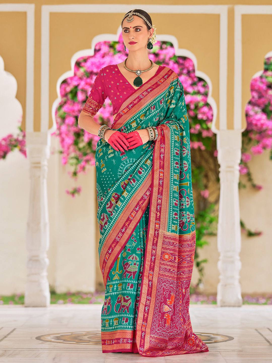 

Anouk Warli Zari Patola Printed Saree, Green