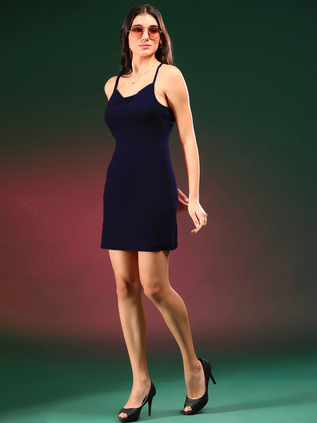 

Kotty Solid Cowl Neck Bodycon Mini Dress, Blue