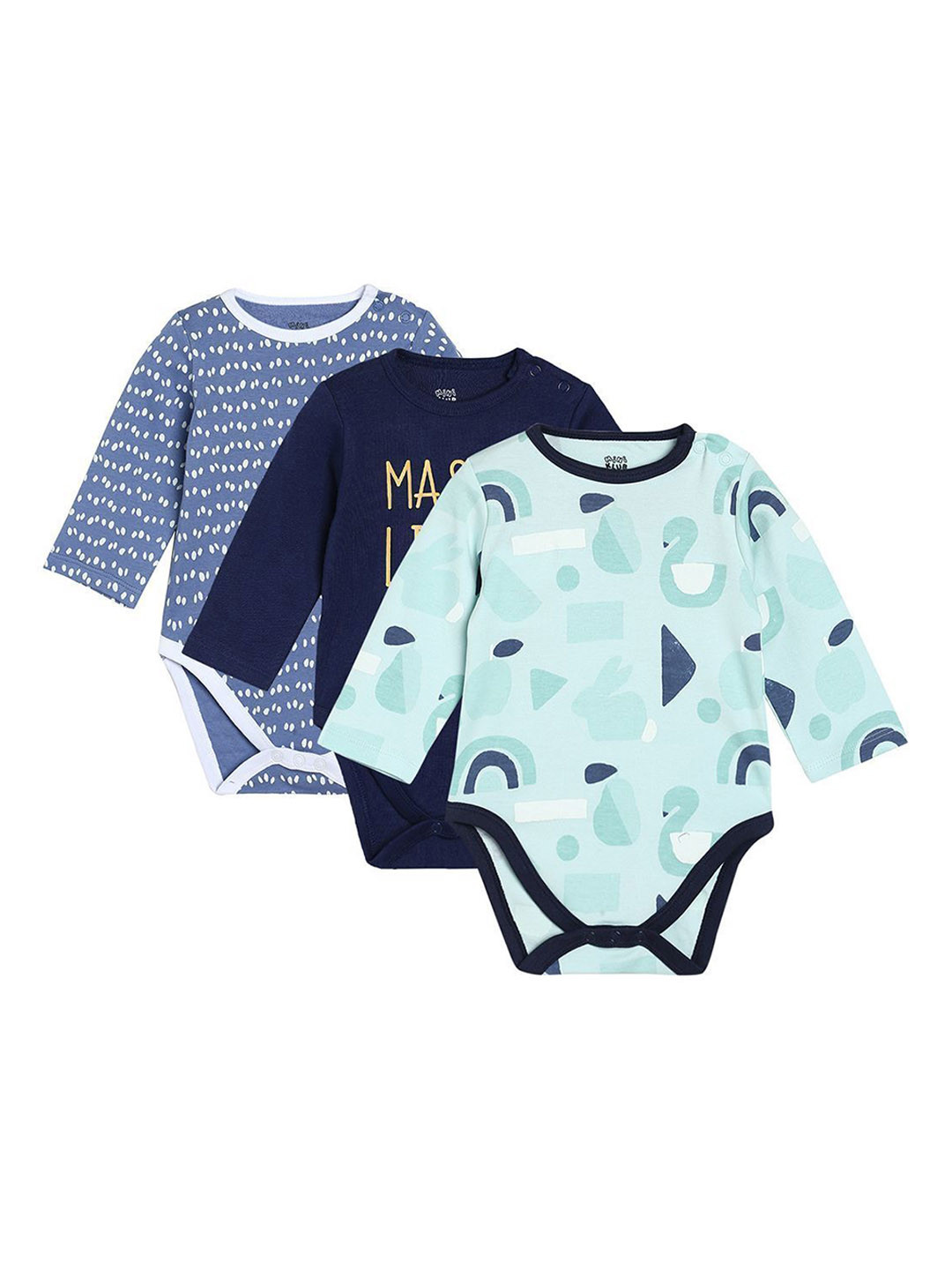 

MINI KLUB Boys Pack Of 3 Printed Cotton Bodysuits, Blue