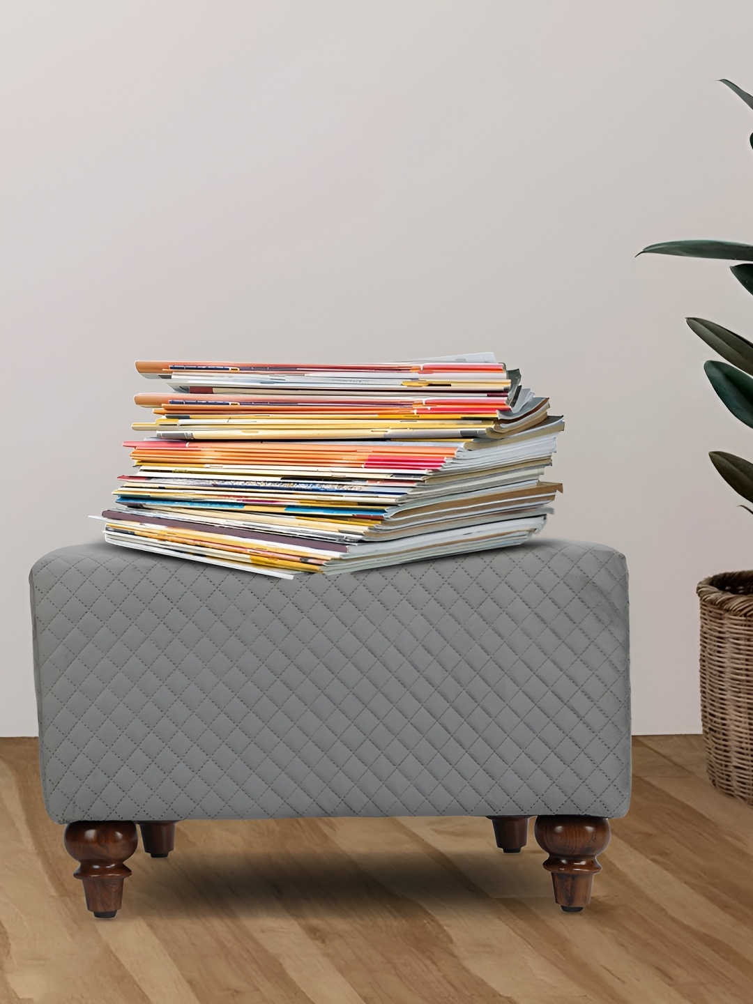 

GLOBALLY INDIAN Grey & Beige Textured Wooden Square Puff Ottoman