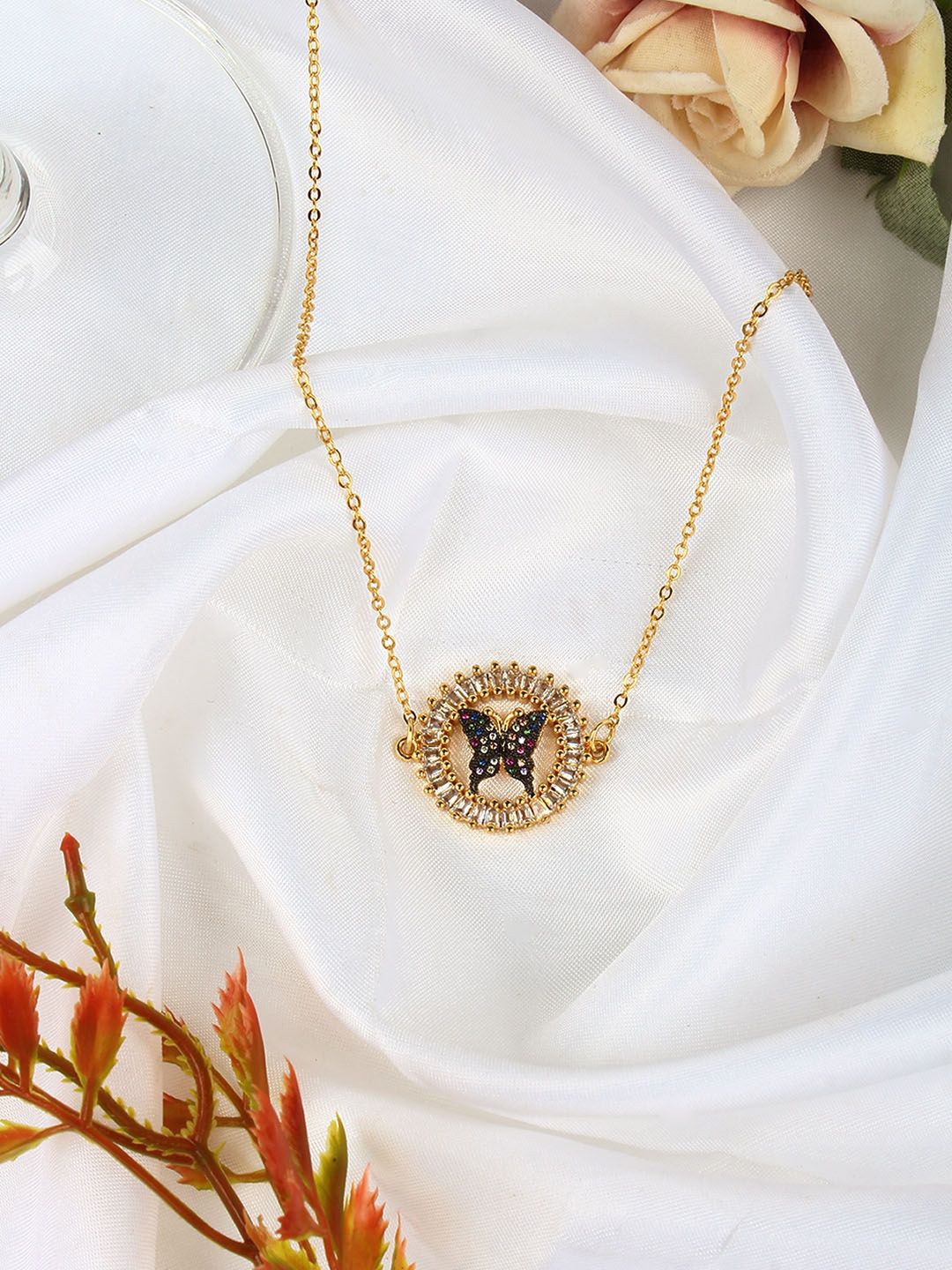 

KPOP Brass Gold-Plated Stones Studded Butterfly Necklace