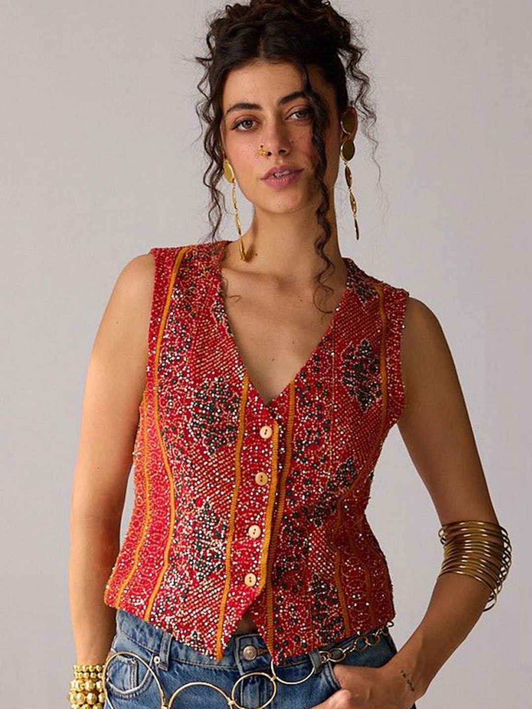 

VERB BY PALLAVI SINGHEE Women Printed Crop Open Front Embroidered Jacket, Red