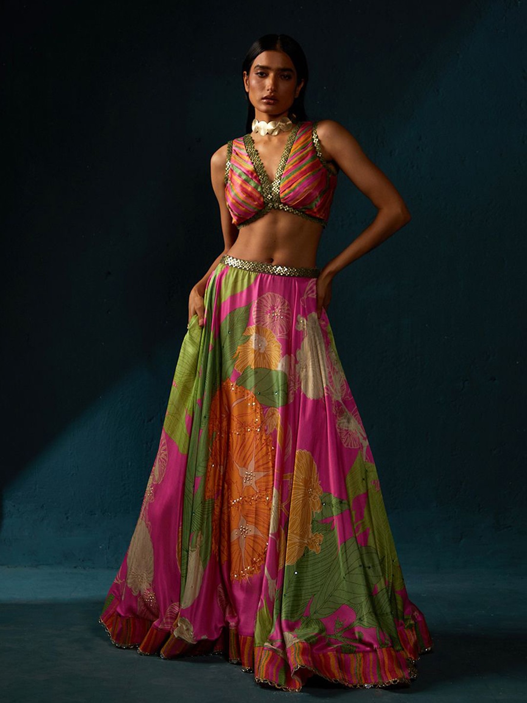 

Basil leaf Printed Satin Made to Measure Lehenga & Blouse With Dupatta, Pink
