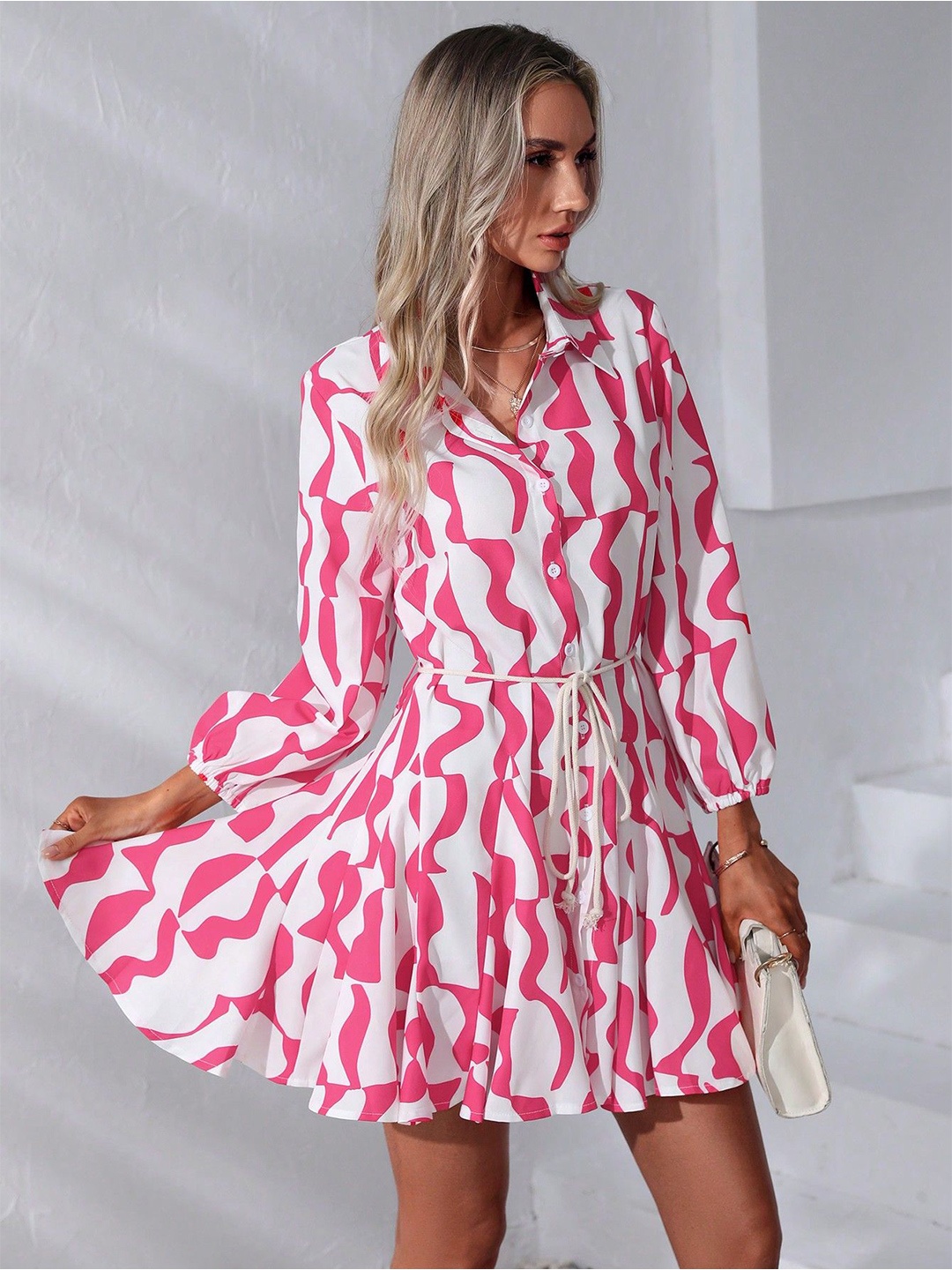 

Kotty Graphic Printed Shirt Collar Fit & Flare Dress, Pink