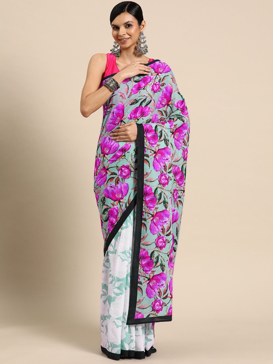 

BUTA BUTI Floral Printed Pure Cotton Saree, Pink