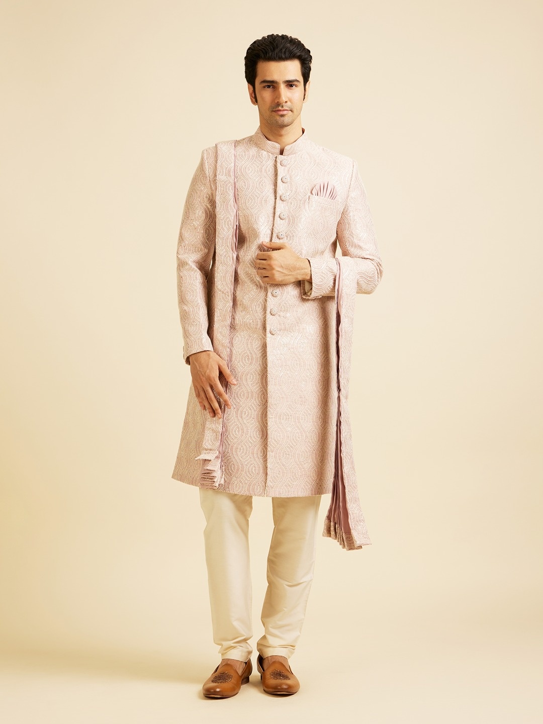 

Manyavar Embroidered Long Sleeve Sherwani Set With Dupatta, Pink