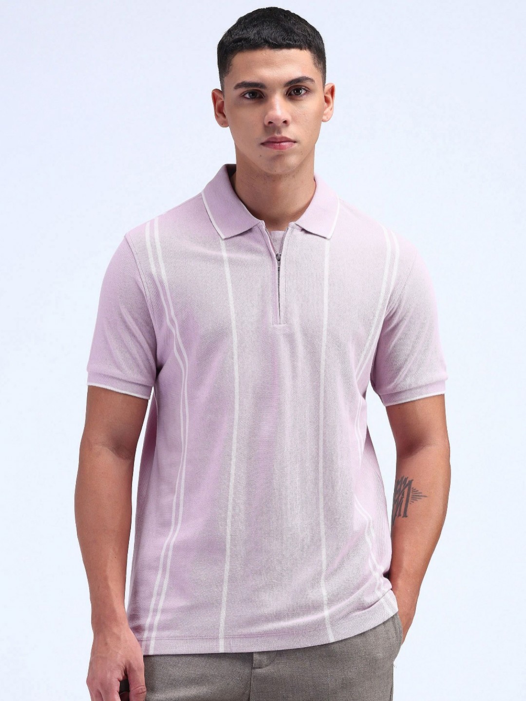 

Flying Machine Men Varsity Striped Polo Collar T-shirt, Lavender