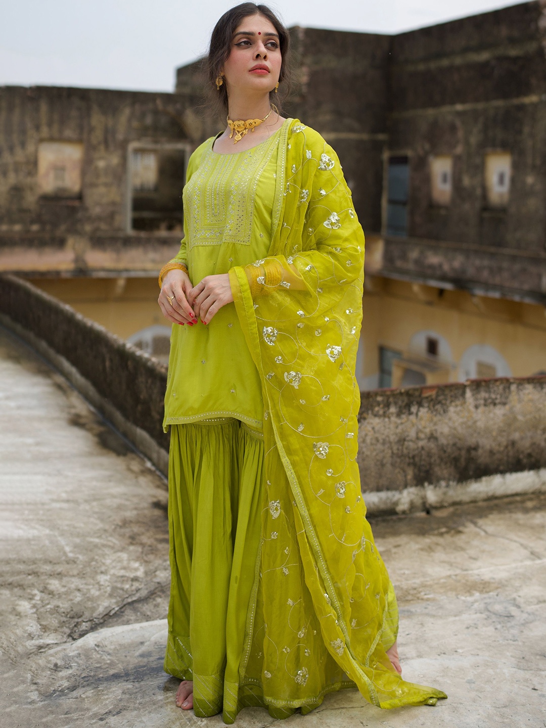 

PINK CACTII Floral Embroidered Gotta Patti Kurti with Sharara & Dupatta, Green