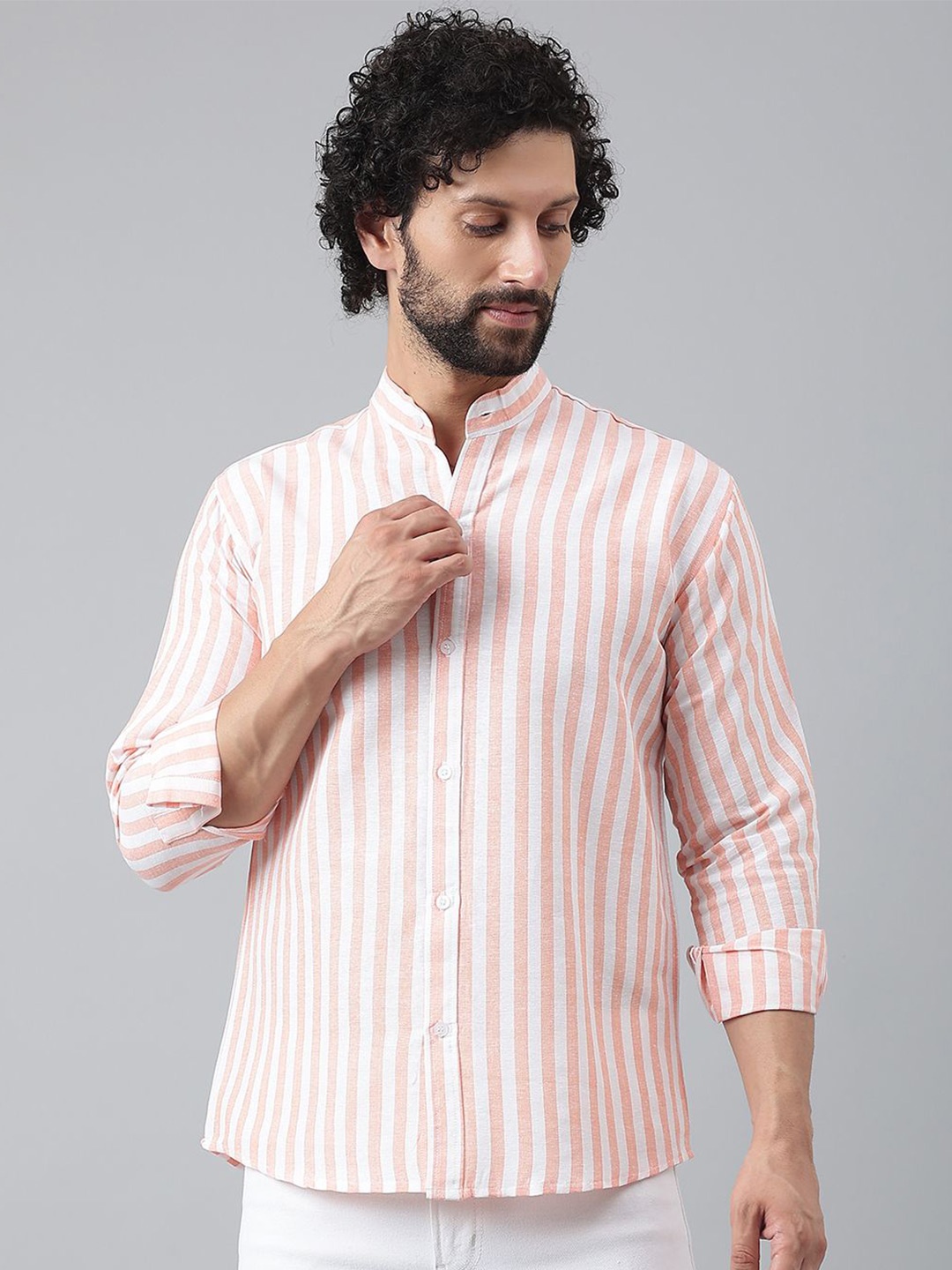 

KLOSET BY RIAG Men Classic Band Collar Vertical Striped Cotton Casual Shirt, Orange