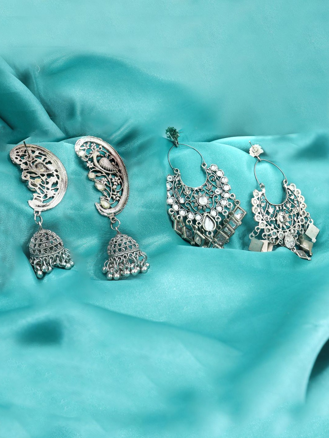 

FIMBUL Set of 2 German Silver Stones Studded Oxidised Jhumkas & Chandbalis