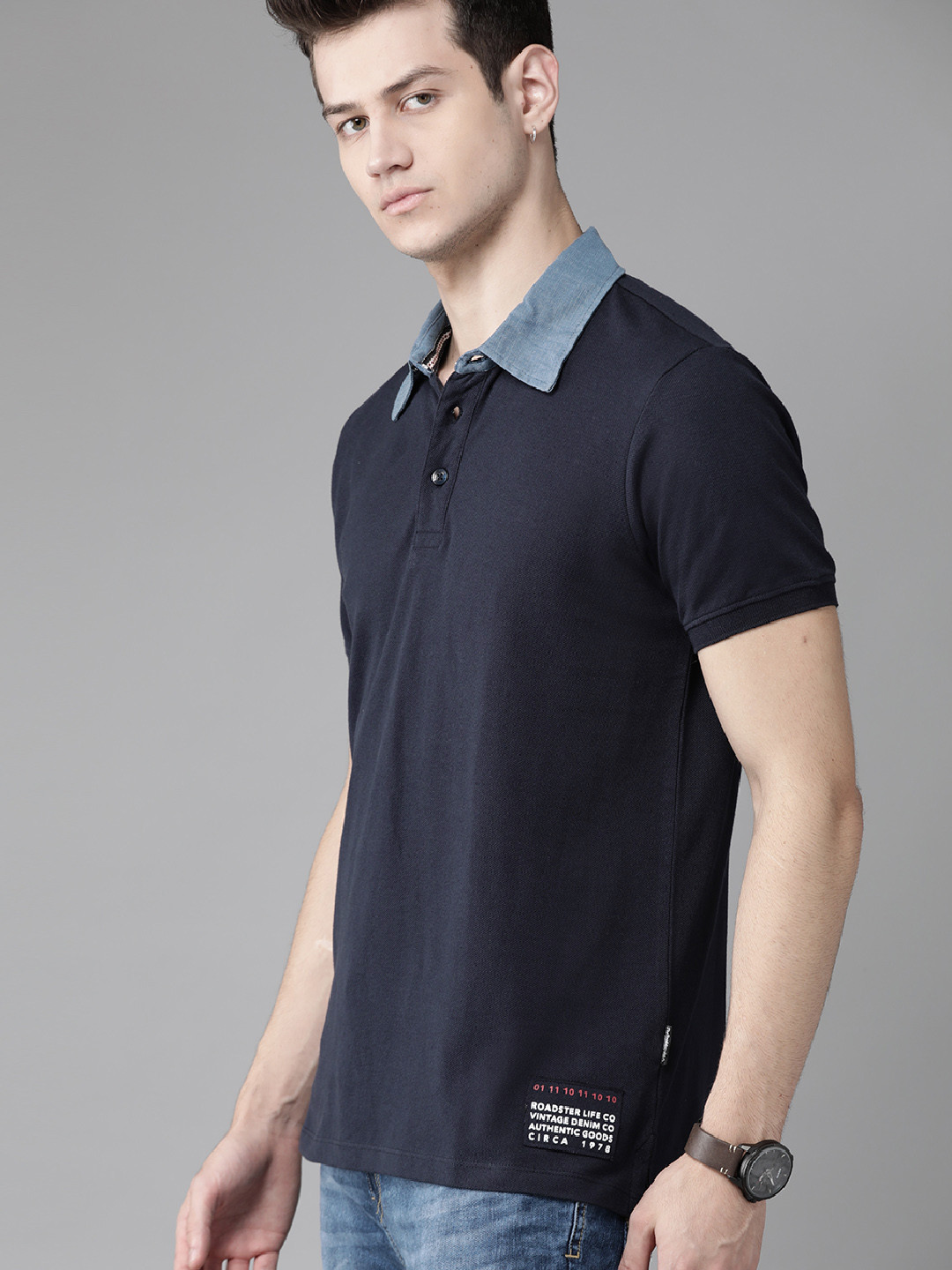 

Roadster Men Navy Blue Polo Collar Cotton Pure Cotton T-shirt