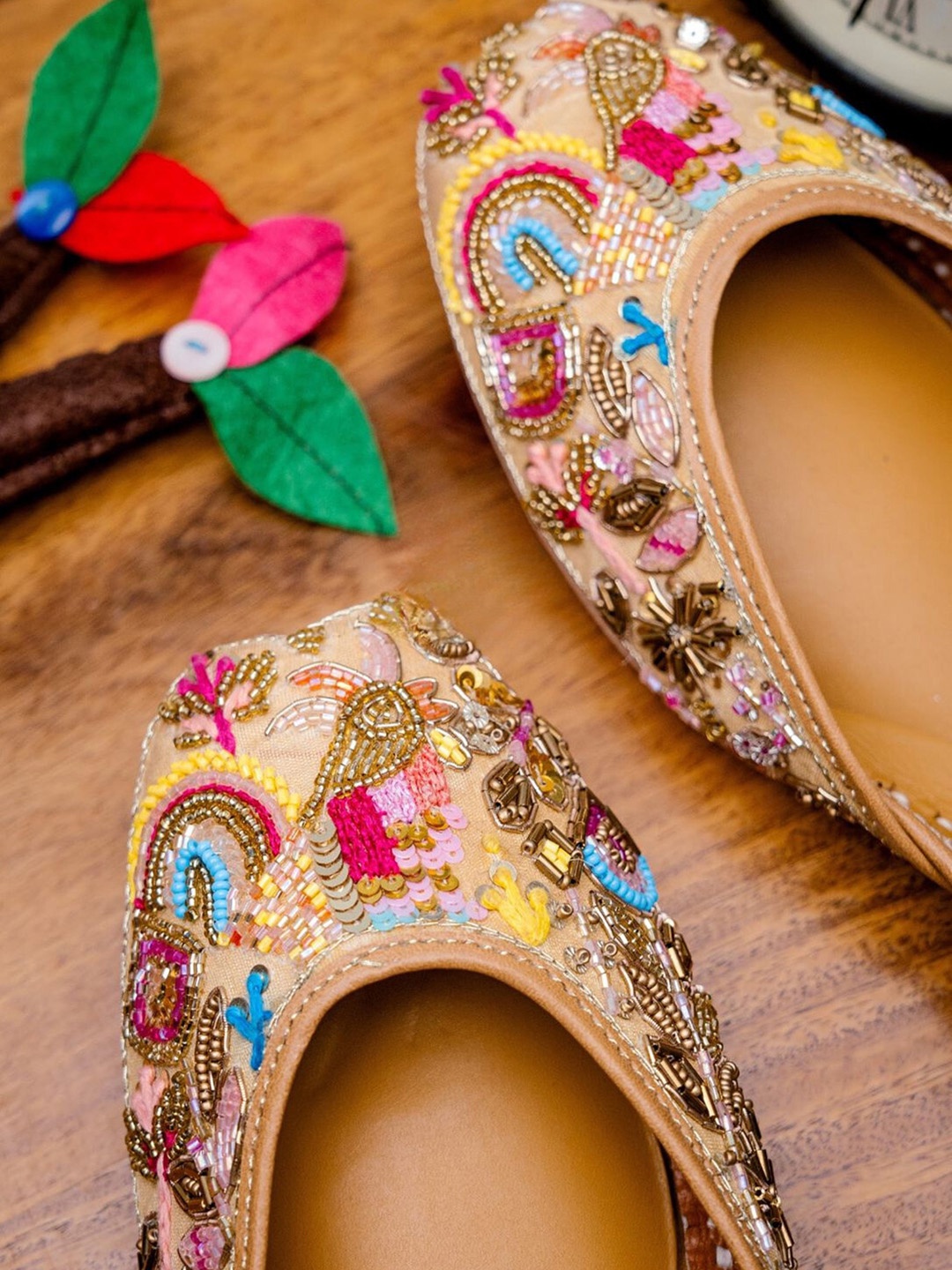 

Sangria Embellished Leather Mojaris, Beige