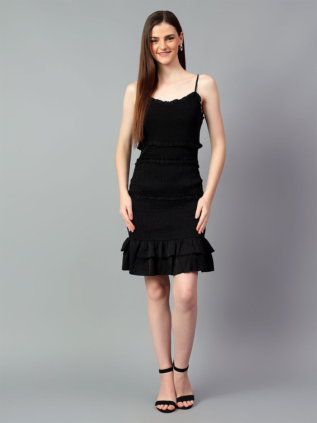 

Kotty Women Ruffled A-Line Knee Length Sleeveless Dress, Black