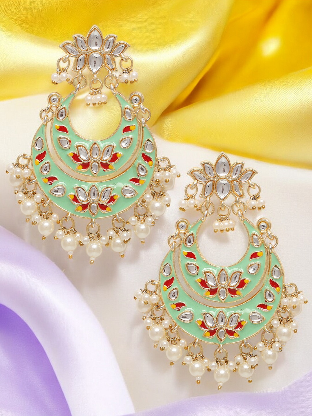 

OOMPH Kundan Studded Meenakari Floral Chandbalis, Gold