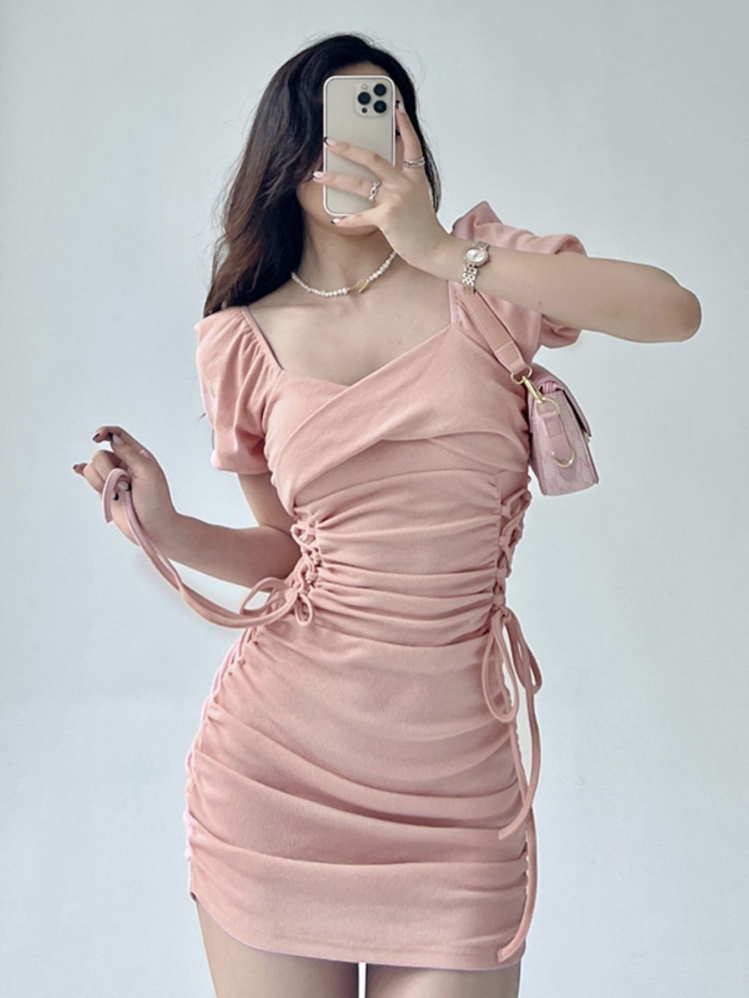 

KPOP Women Sweetheart Neck Puff Sleeve Tie-Ups Bodycon Mini Dress, Pink