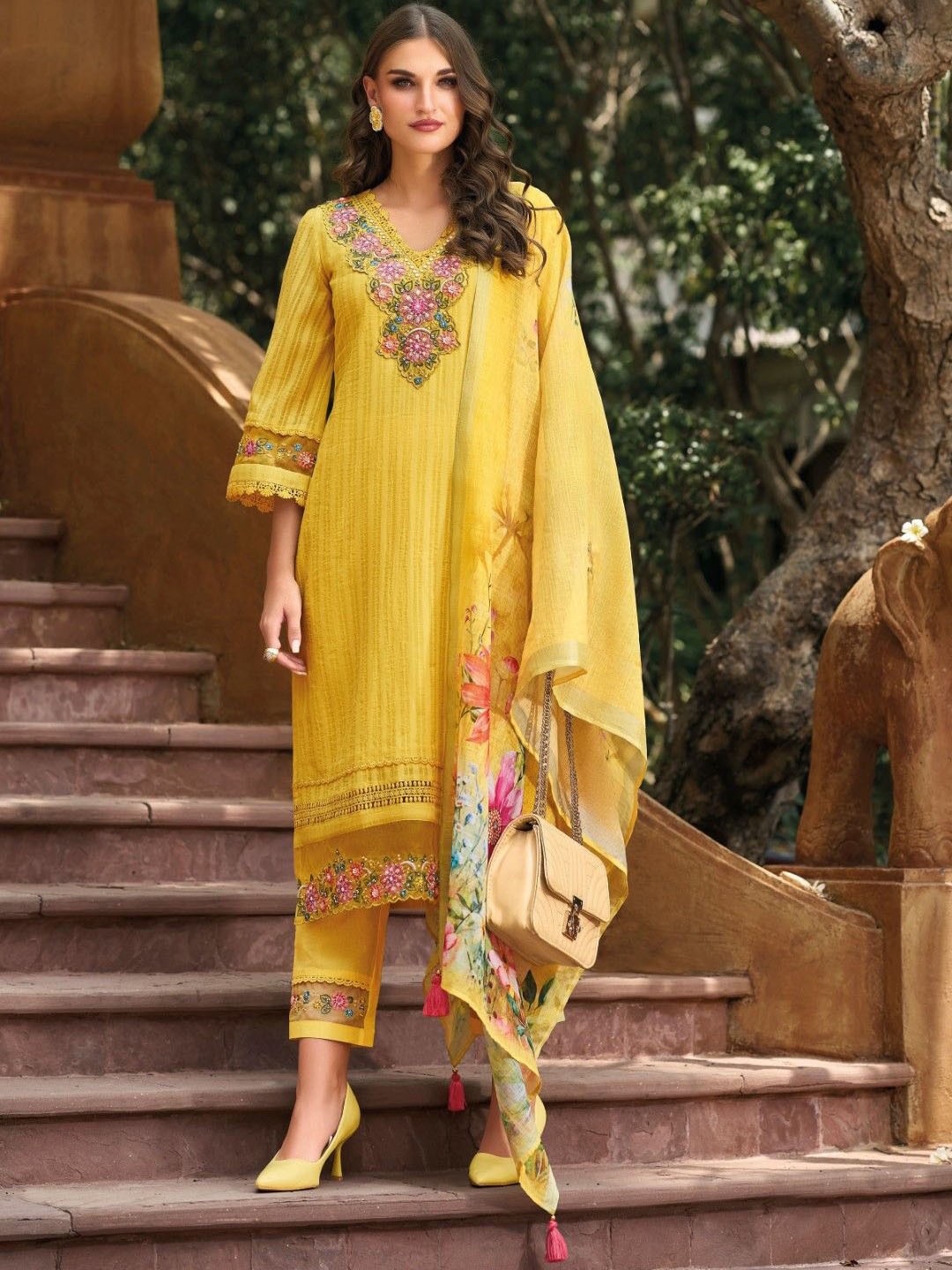 

AUTUMN LANE Embroidered Pure Cotton Pakistani Style Kurta with Trousers & Dupatta, Yellow