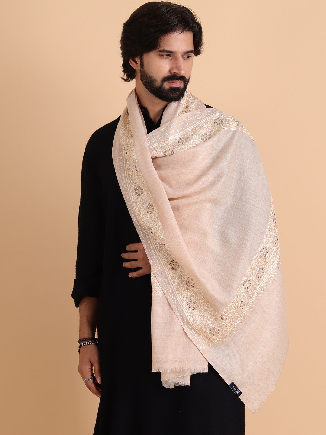 

Tweedle Floral Kashmiri Embroidered Pure Wool Shawl, Off white