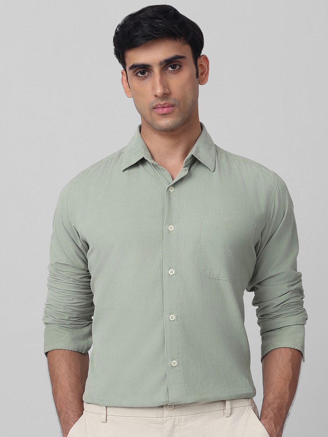 

Mufti Men Spread Collar Textured Cotton Slim Fit Casual Shirt, Sea green