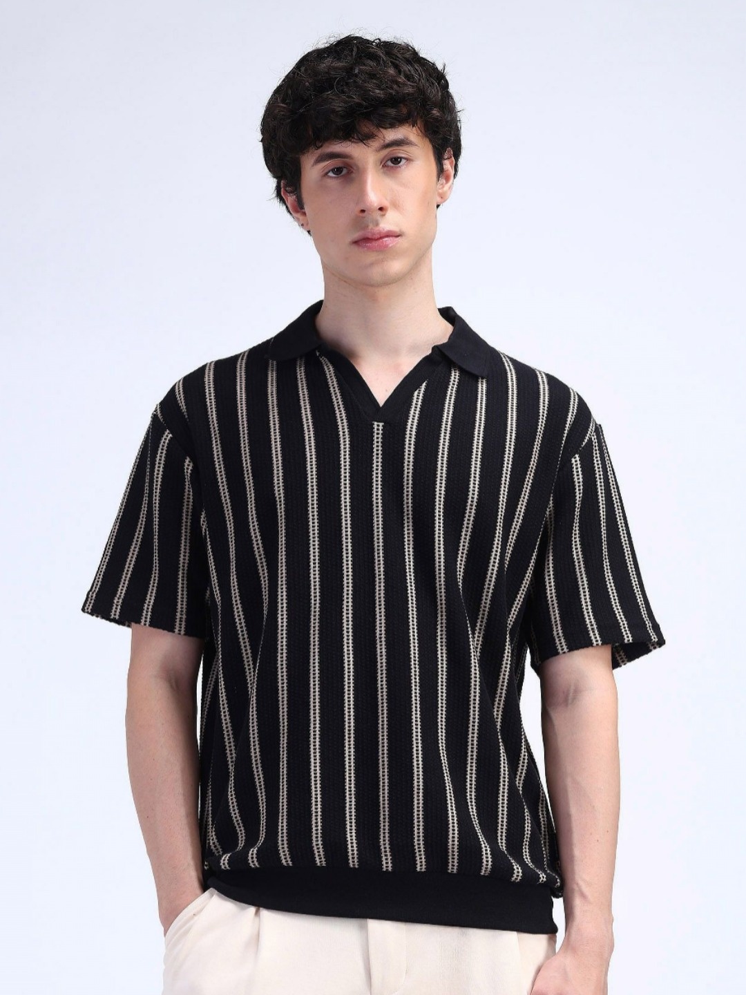 

Flying Machine Men Varsity Striped Polo Collar Monochrome T-shirt, Black