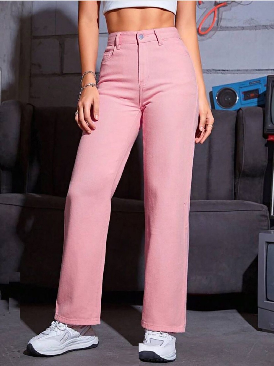 

Perfect Outlet Women Solid Straight Fit High-Rise Stretchable Jeans, Pink
