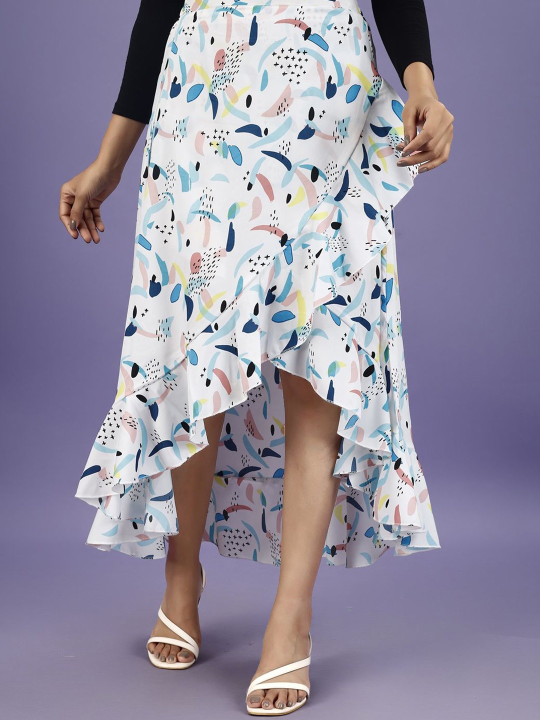 

ZWERLON Printed Ruffle Wrap Maxi Skirt, White
