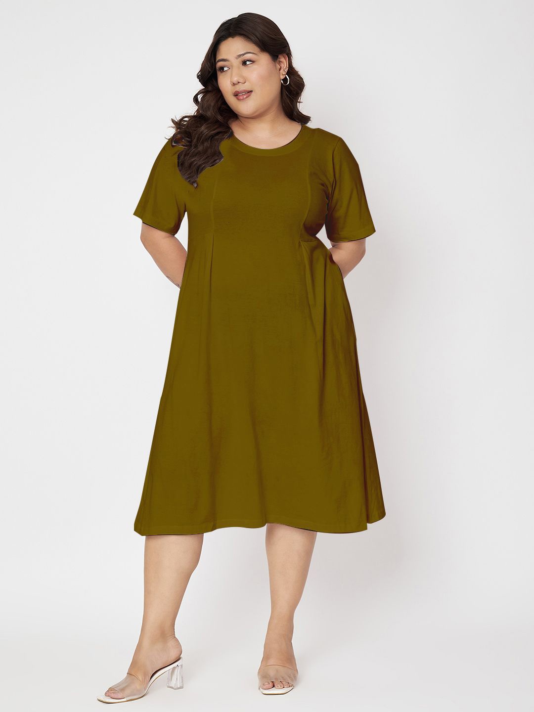 

BRINNS Women Solid Plus Size Cotton A-Line Midi Dress, Olive