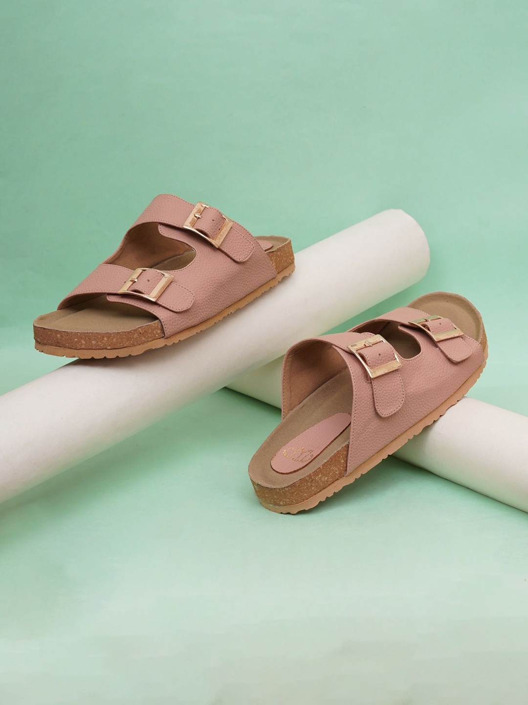 

THE WHITE POLE Women Striped One Toe Flats with Buckles, Peach