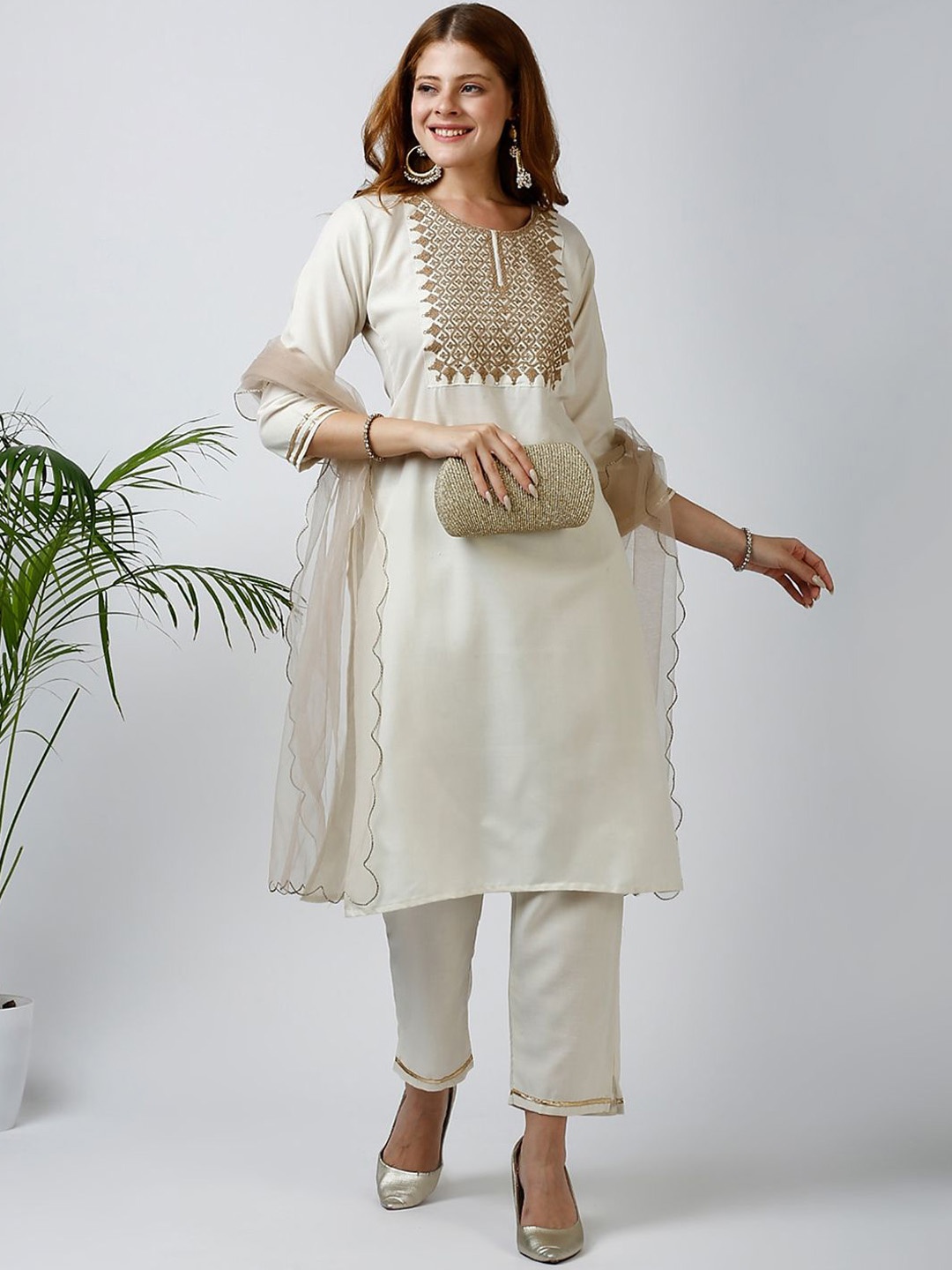 

VredeVogel Floral Yoke Design Straight Kurta & Trousers With Dupatta, White