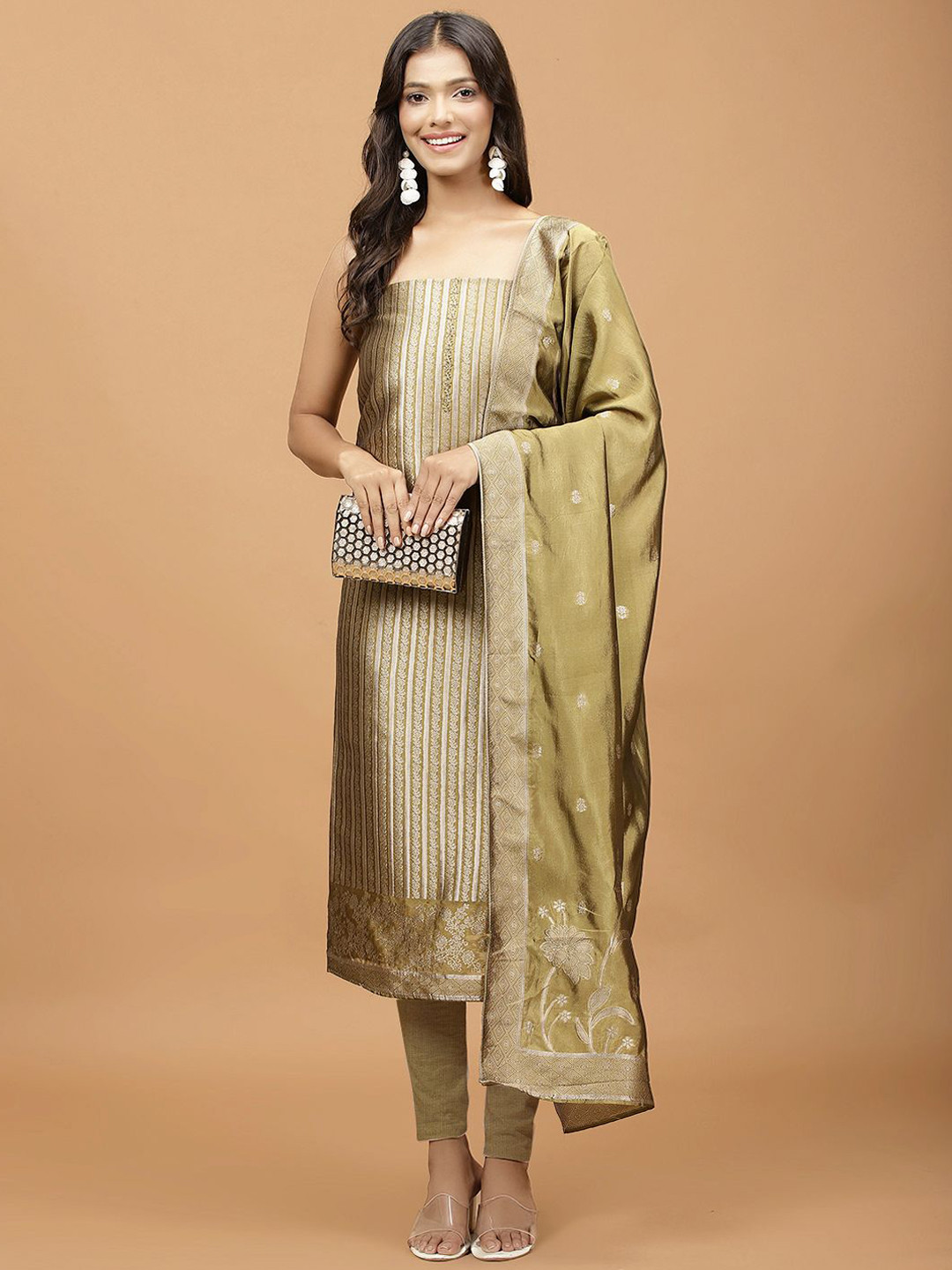 

Meena Bazaar Floral Woven Design Sequinned Unstitched Dress Material, Green