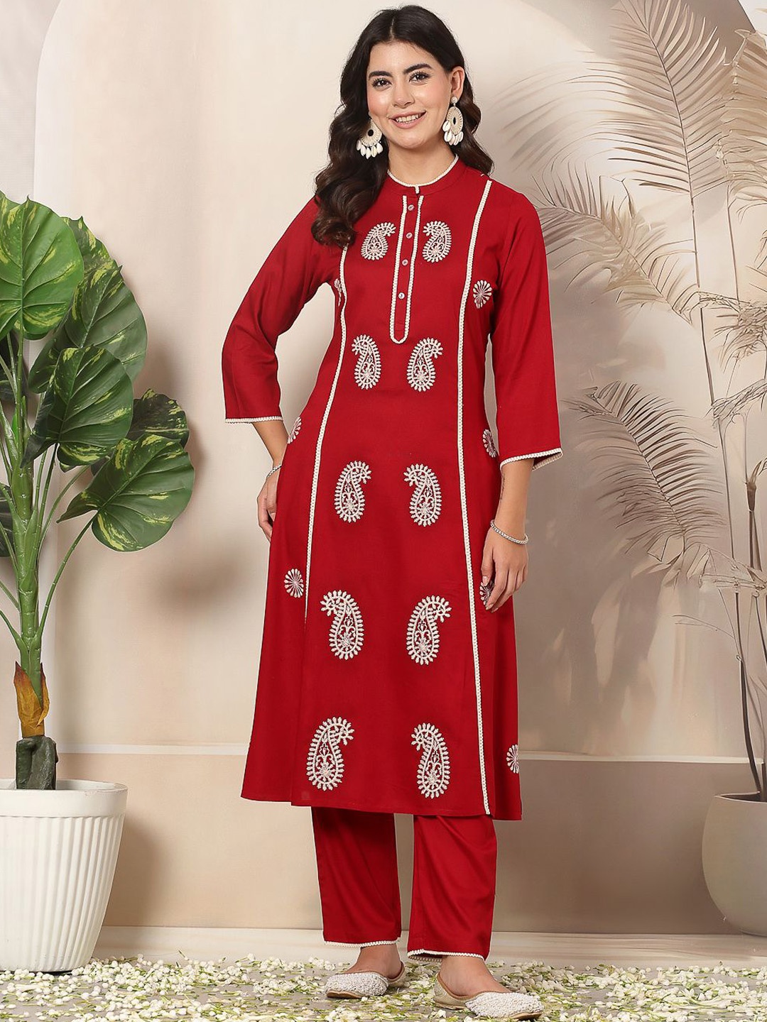 

Nayam By Lakshita Paisley Embroidered Band Collar A-Line Kurta With Trouser, Red