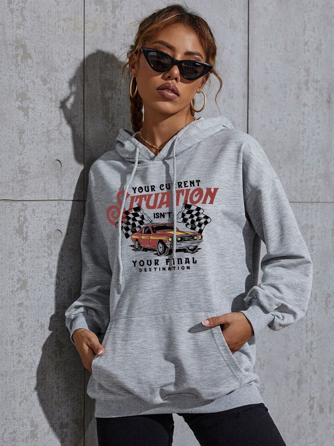 

KPOP Women Typography Printed Hood Pullover Sweatshirt, Grey