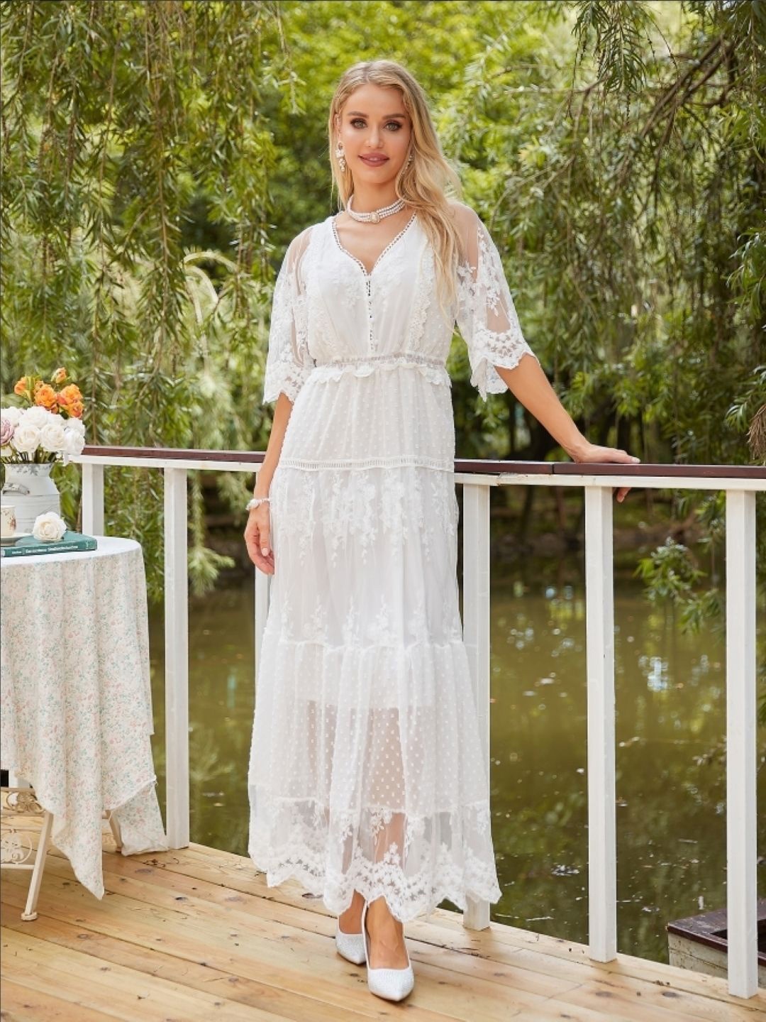 

KPOP Self Design A-Line Maxi Dress, White