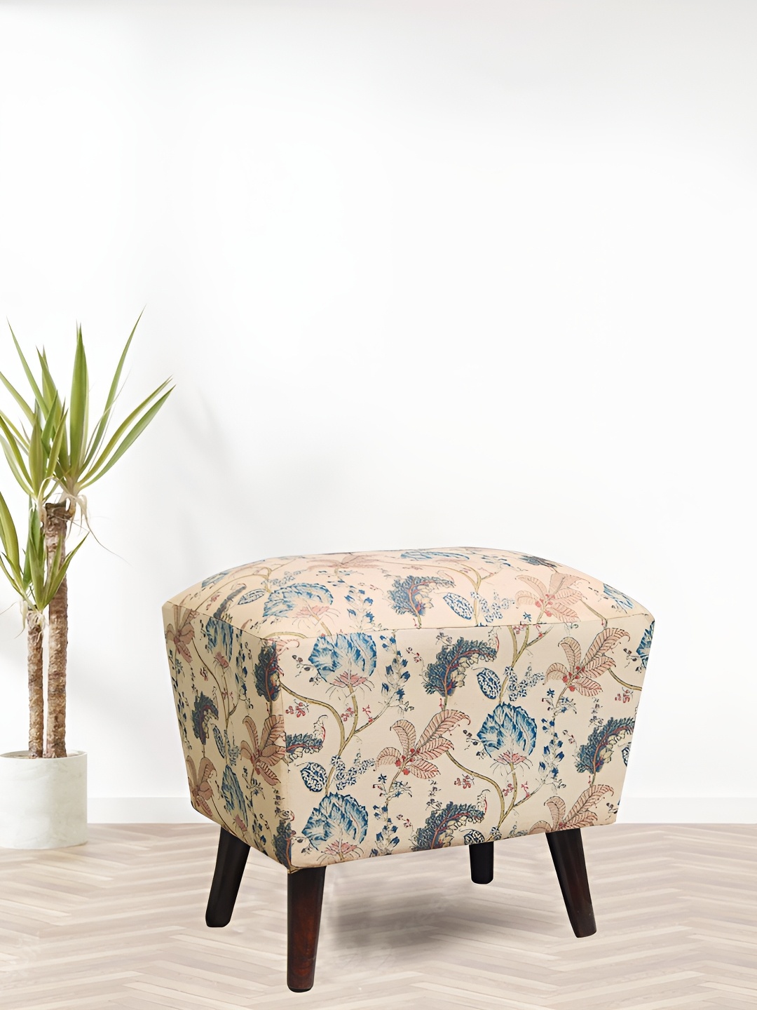 

GLOBALLY INDIAN Beige & Blue Printed Wooden Rectangular Puff Ottoman