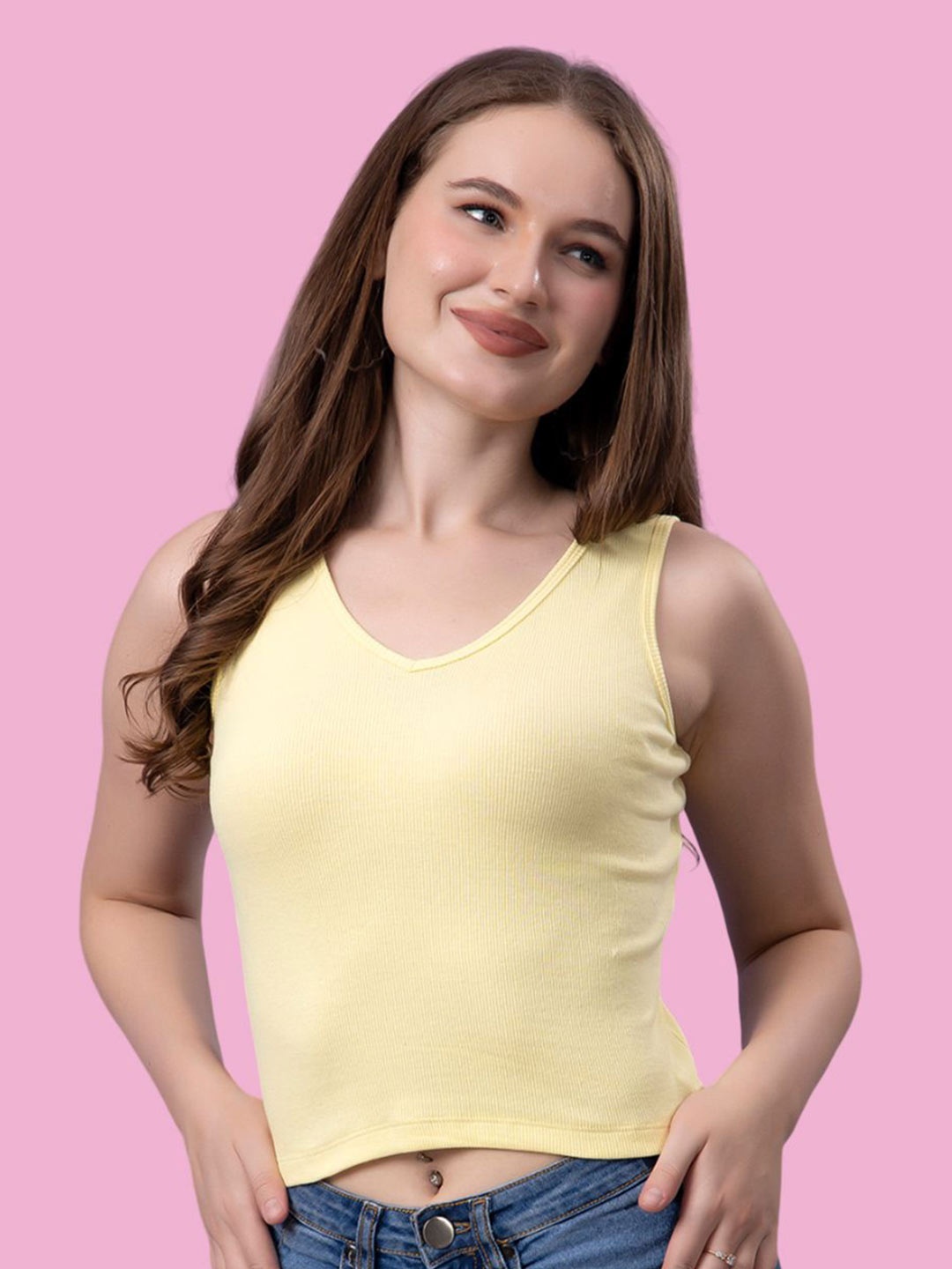 

Friskers Women Solid V-Neck Cotton Top, Yellow