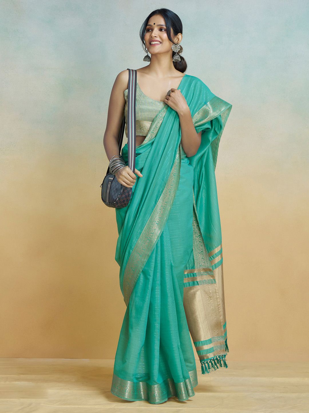

Anouk Striped Zari Silk Cotton Banarasi Saree, Blue