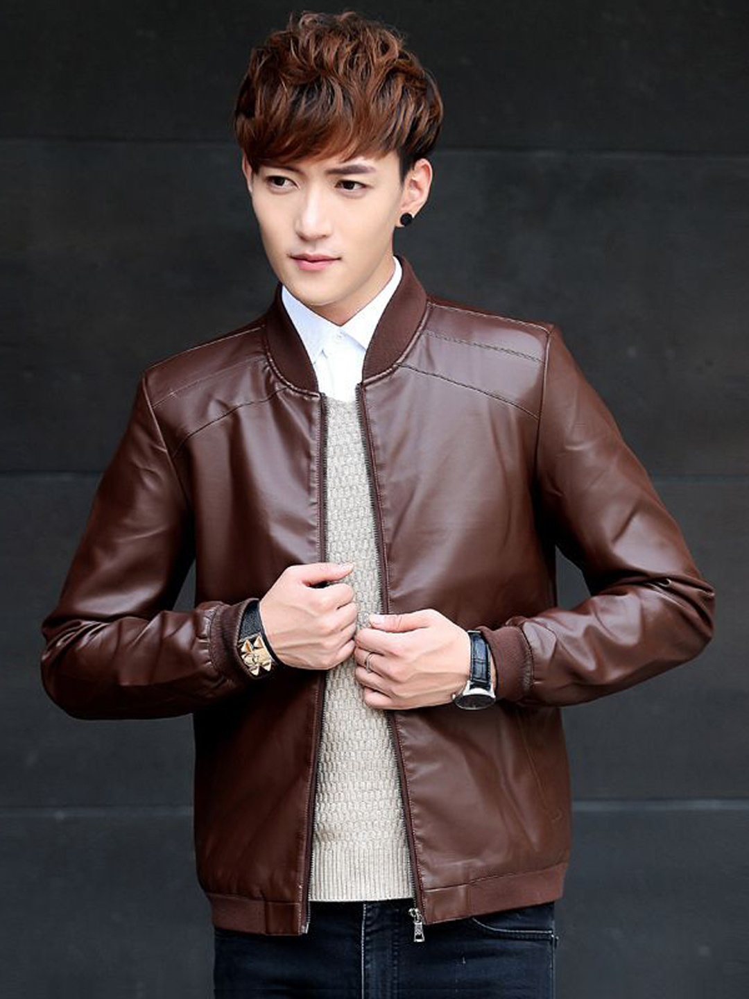 

StyleCast x Revolte Men Mandarin Collar Insulator Leather Jacket, Brown