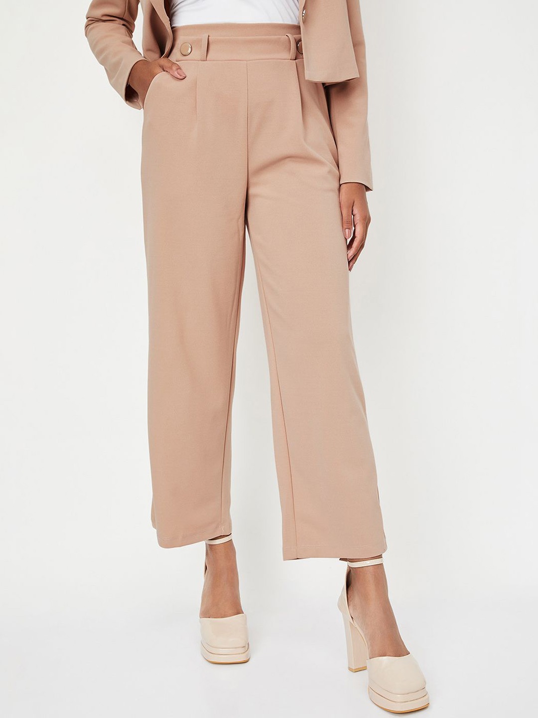 

Max x Kalki Women Solid Wide Leg Formal Trousers, Beige