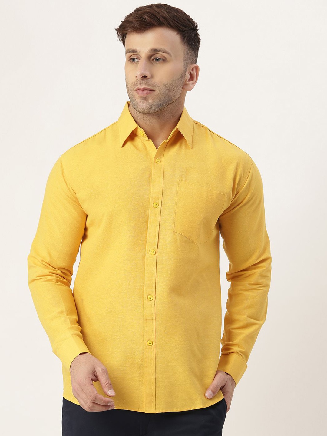 

KLOSET BY RIAG Men Classic Spread Collar Solid Cotton Casual Shirt, Mustard