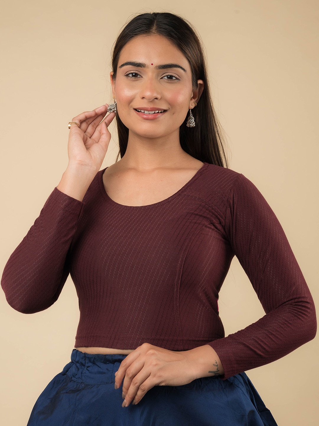 

Bindigasm's Advi Women Long Sleeves Round Neck Saree Blouse, Coffee brown