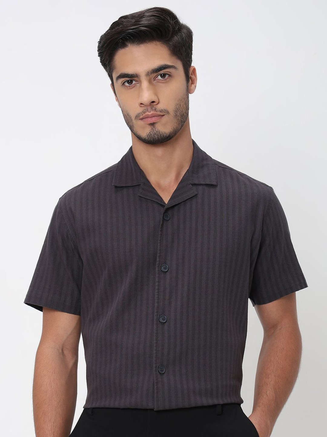 

Mufti Men Cuban Collar Vertical Striped Cotton Relaxed Fit Casual Shirt, Grey