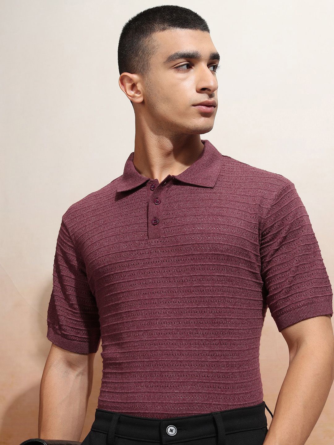 

Highlander Men Relaxed Fit Textured Half Sleeve T-shirt, Burgundy