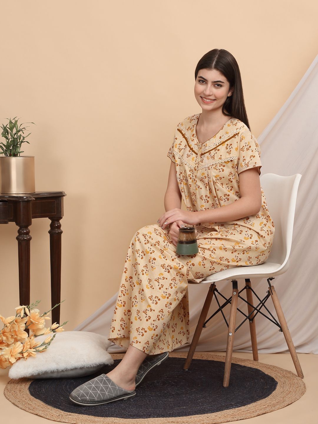 

Sweet Dreams Women Printed Short Sleeves Maxi Nightdress, Mustard