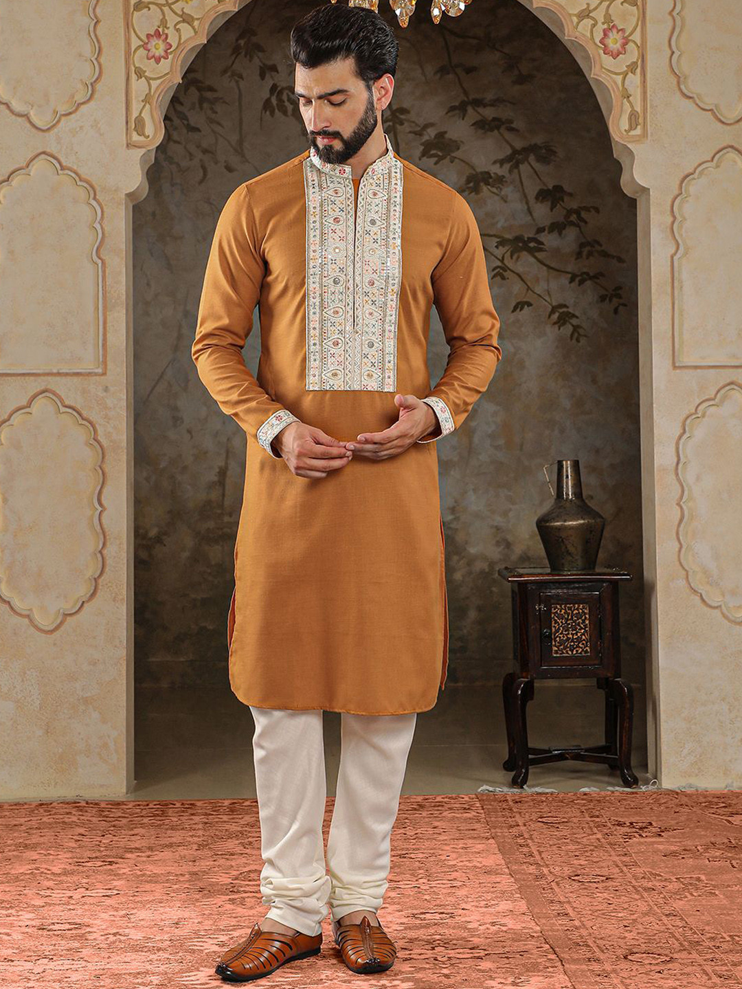 

HOUSE OF DEYANN Floral Yoke Design Sequinned Straight Jacquard Kurta With Churidar, Mustard