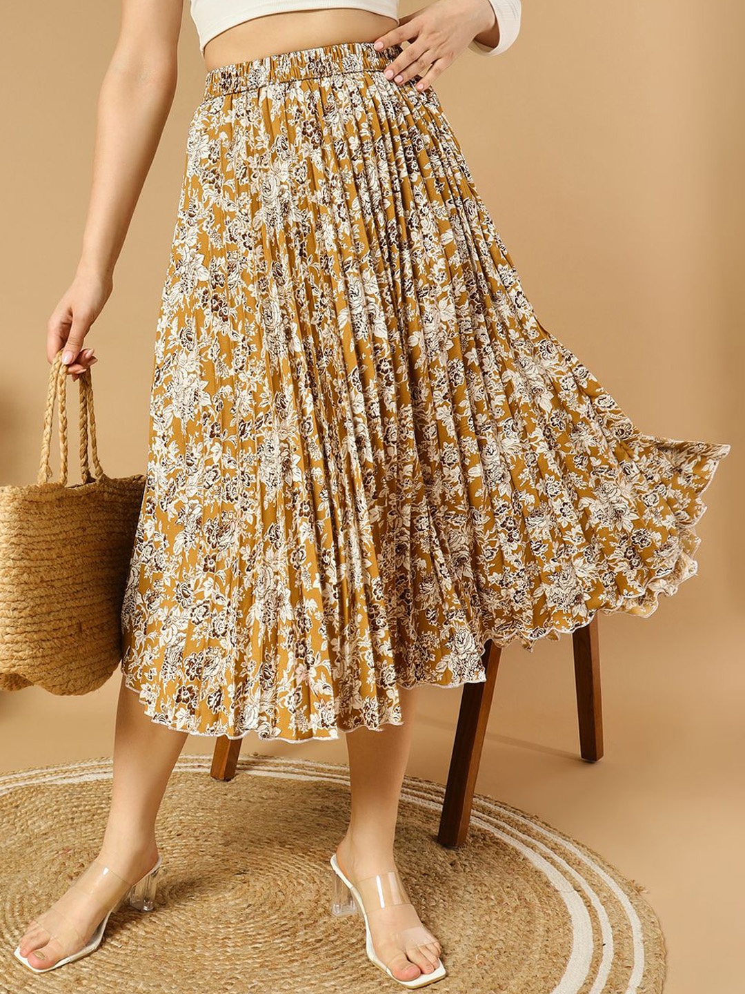 

ZWERLON Women Printed Flared Midi Skirt, Yellow