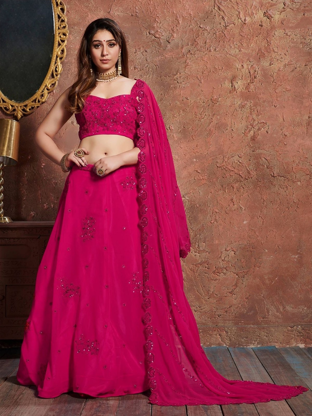 

ODETTE Floral Embroidered Sequinned Semi-Stitched Lehenga & Blouse With Dupatta, Pink